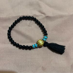 Black and Blue Beaded Bracelet with Tassel